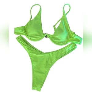2 Piece Lime Green Bikini Latch Back Closure Thong Bottom Size Large Women's
